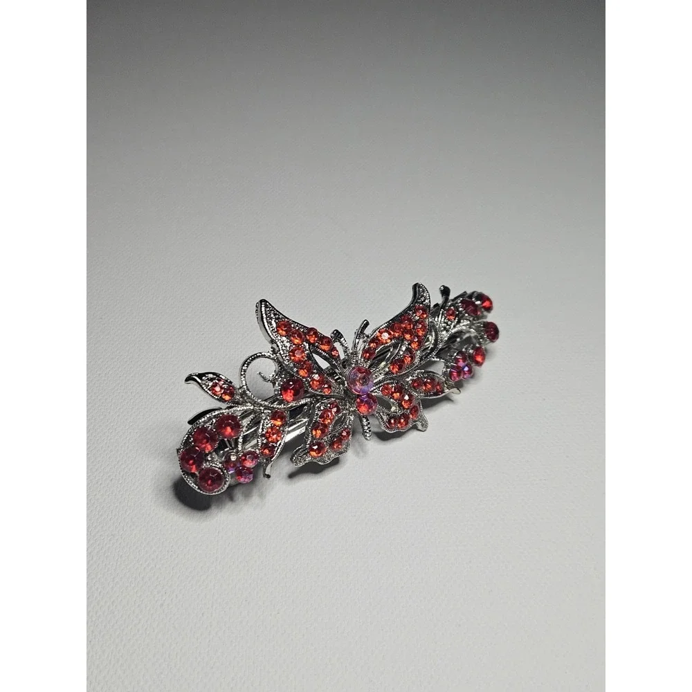 Red Rhinestone Butterfly Hair Barrette Crystal Sparkly Silver Flower Clip Women